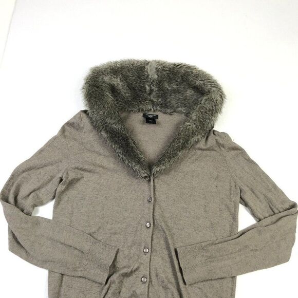 Ann Taylor Faux Fur Trim Cardigan Gray Button Sweater Long Sleeve PM Petites - Picture 3 of 11